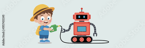 Boy refueling robot with gas can cartoon illustration vector yellow hat