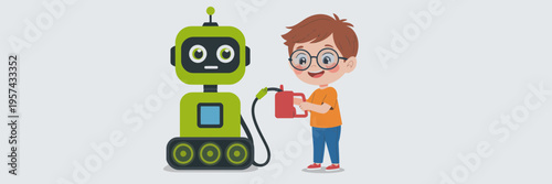 Boy refueling robot on white background cartoon illustration vector kid fuel