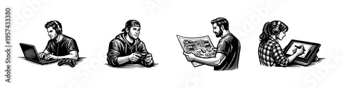 Black and white illustrations of people engaged in gaming and drawing activities, vector silhouettes