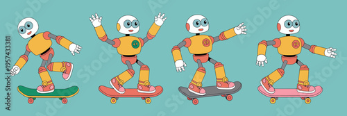 Robot skateboarding sequence on colorful boards skateboard teal background illustration