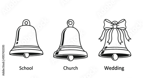 Three distinct bell shapes labeled for school church and wedding silhouette
