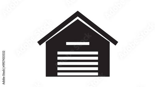 Garage door icon with sloped roof and simple horizontal lines representing the door mechanism featuring symbol, building, house with home and