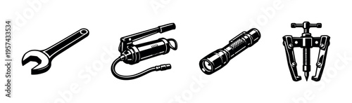 Black and white vector illustration of mechanical tools wrench grease gun flashlight and gear puller