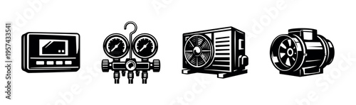 Vector illustrations of hvac equipment, including thermostat, pressure gauge, air conditioner, and motor in black and white