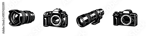Black and white camera equipment vector illustration set with lenses and dslr silhouettes