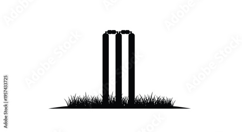 Cricket wickets and grassy field depicted in a dark silhouette