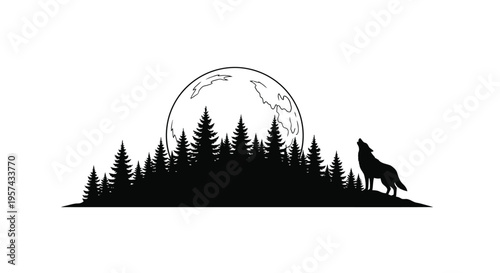 Howling wolf stands before a full moon and dark forest silhouette