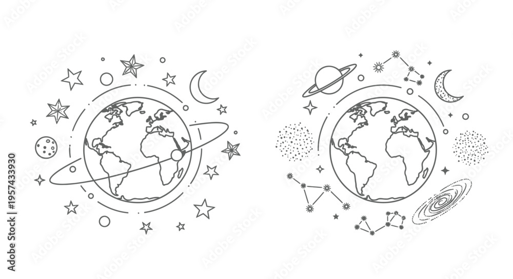 Fototapeta premium Two earth illustrations with celestial objects a striking silhouette
