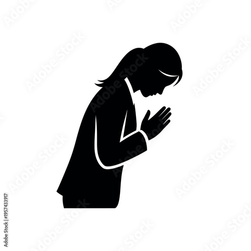 Silhouette of a woman bowing in prayer or greeting.