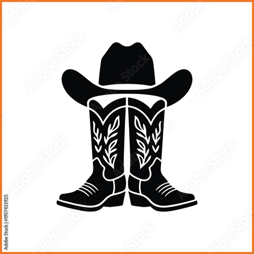 Cowboy Boots and Hat Silhouette with Floral Heart Detail Western Vector