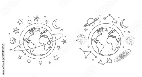Two earth illustrations with celestial objects a striking silhouette