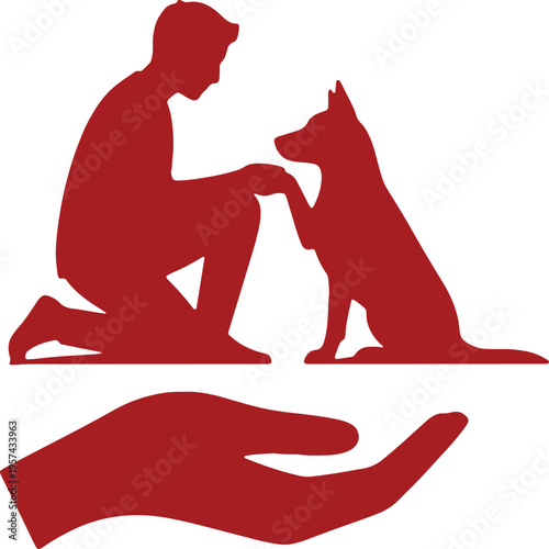 A person kneeling and petting a dog with a protective hand beneath them