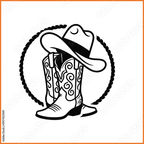Cowboy Boots and Hat Silhouette with Floral Heart Detail Western Vector