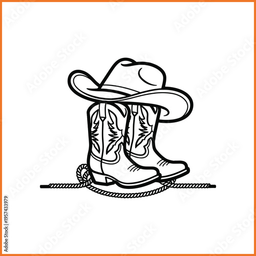 Cowboy Boots and Hat Silhouette with Floral Heart Detail Western Vector