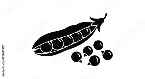 Black silhouette of a pea pod with scattered peas nearby silhouette