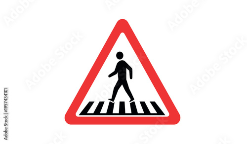 Pedestrian crossing ahead warning sign with red border and black and white graphics