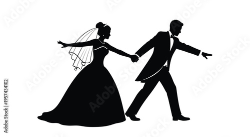 Newlyweds walking hand in hand a romantic black figure silhouette