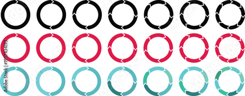 Pie charts icons collection different styles. rotation round cycle process, recyclable sign, recycling icons. Rotation arrows in circular motion

