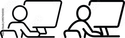 Professional office worker line icons featuring person sitting at desk with computer monitor for corporate workspace digital business and technology
