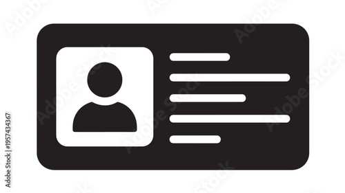 Identification card icon with a user silhouette and text lines for personal information, rendered in a simple black and white style.
