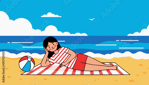 Girl lying on beach towel relaxing with beach ball summer vacation