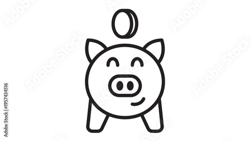 Piggy bank with a coin falling into it, representing savings and financial growth in a simple, modern iconographic style.