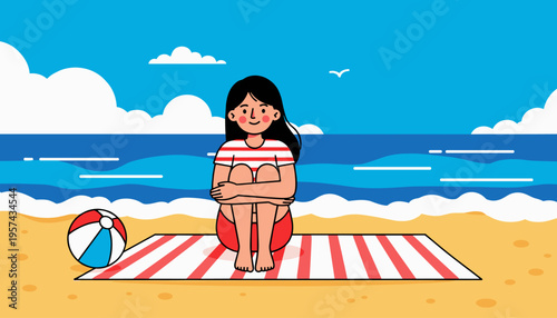 Girl sitting on beach towel enjoying sunny summer day by the sea