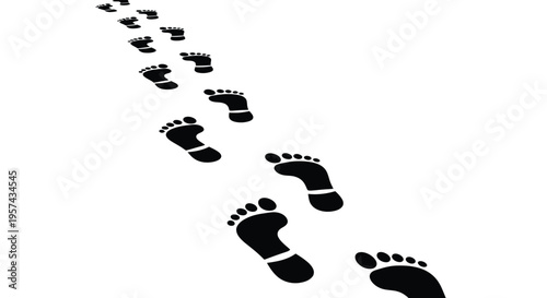 A trail of barefoot footprints leads into the distance silhouette