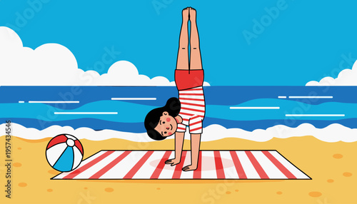 Girl doing handstand on beach towel fun summer activity by the sea