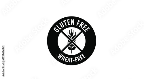 Black circle with gluten free text and wheat symbol silhouette