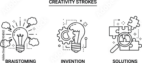 Hand-drawn creativity and innovation concept with brainstorming, invention, and solution ideas on chalkboard background