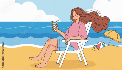 Woman sitting on chair enjoying beach view with summer drink