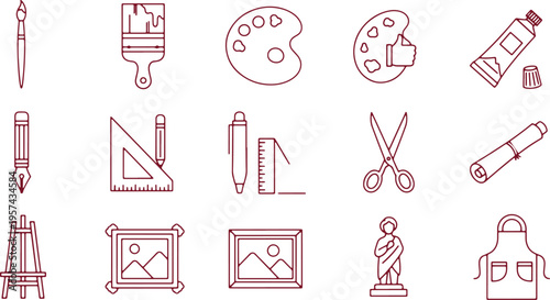 Collection of classic art and craft tools and supplies illustrated in a minimalist style