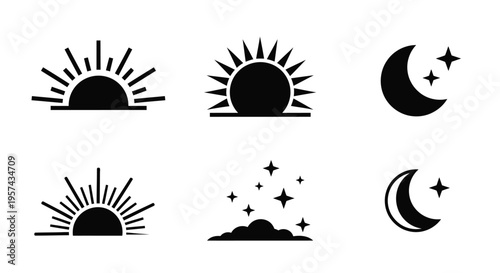 Celestial bodies with sun moon and clouds in black silhouette