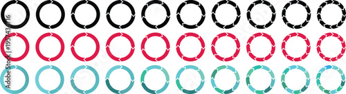 Pie chart set, rotation round cycle process, recyclable sign. Set of round infographics. Rotation arrows in circular motion. recycling icons, segmented circle icons,
