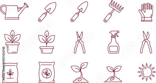 Essential gardening tools and items illustrated in a simple line drawing style