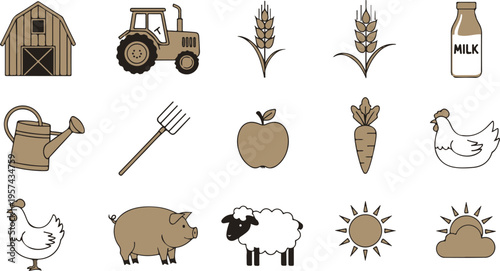 flat design farm and agriculture icons set with animals crops dairy and farming equipment