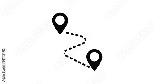 Two location pins connected by a dashed route black silhouette
