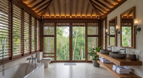 Luxurious bathroom with wooden shutters and a view of the forest.