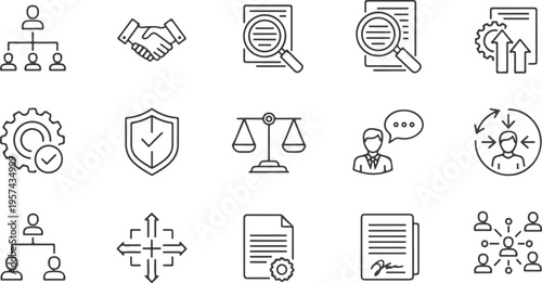 Set of 15 flat design business and technology icons in monochrome vector style for infographics and presentations