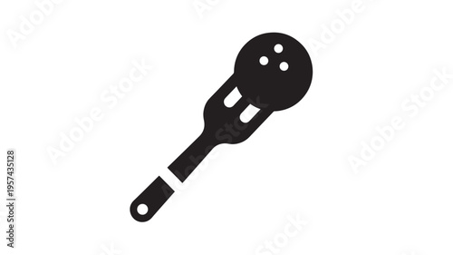 Fork with rounded tines and a circular head featuring three dots, presented as a simple black icon on a white background.