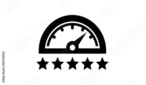 A black and white rating icon with a speedometer and five stars