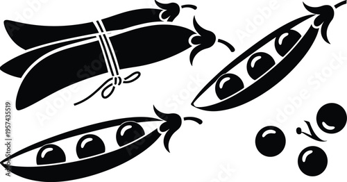 Minimalist black and white illustration of pea pods and loose peas, clean vector design for food packaging, botanical art, educational materials, and decorative graphics