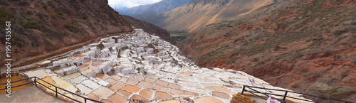 Obraz na płótnie Terraced salt flats also known as Salineras de Maras, among the most picturesque tourist destinations in the Cusco region, Peru