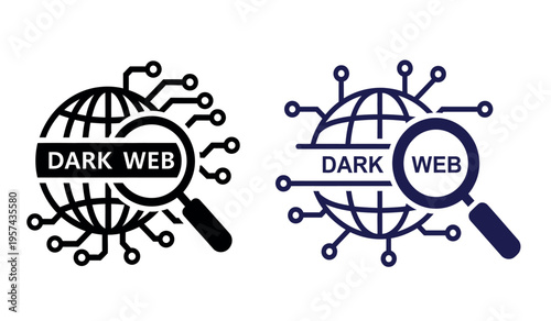 Dark web icons with magnifying glasses and globe illustrations