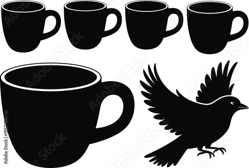 Minimalist black silhouettes of coffee mugs and flying bird, creative abstract composition for design, concept art, branding, advertising, and modern visual storytelling