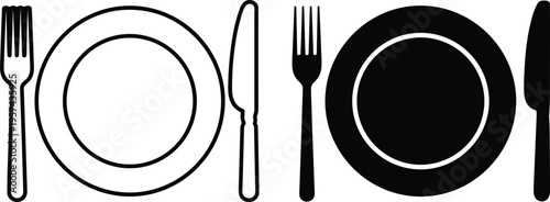 Minimalist table setting illustration featuring fork, plate, and knife in outlined and solid black design, symbolizing duality, contrast, and modern dining concept art.