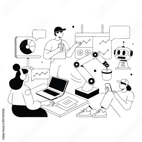 People working together with robot and computer technology collaboration tools