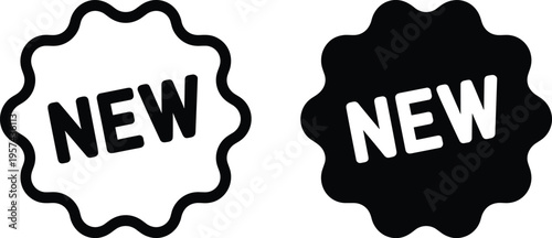 New badge icons in outlined and solid black design, featuring wavy circular borders and bold text, symbolizing updates, marketing, promotion, and modern graphic art.
