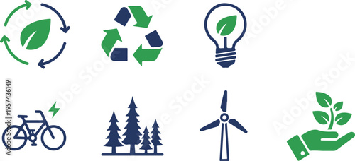 Set of eco-friendly sustainability icons with green energy and recycling concepts in flat design